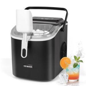 Ice Maker Countertop, Portable Self-Cleaning Ice Maker Machine with Handle, Scoop and Basket, 9 Bullet Ice Cubes in 6 Mins, 12KG/24H, 2 Sizes of Ice, Ideal for Home, Kitchen, Office, Party (Black)