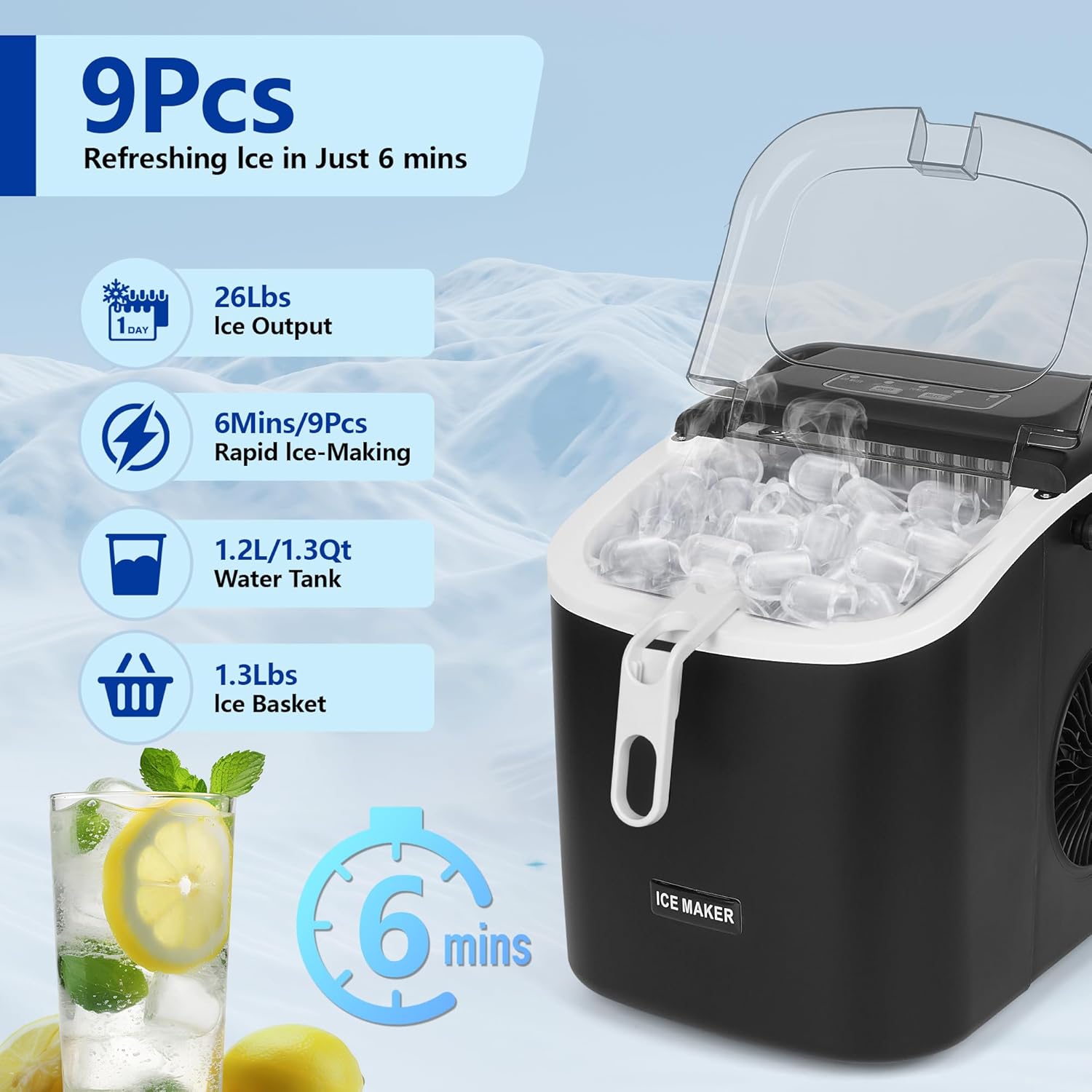 Ice Maker Countertop, Portable Self-Cleaning Ice Maker Machine with Handle, Scoop and Basket, 9 Bullet Ice Cubes in 6 Mins, 12KG/24H, 2 Sizes of Ice, Ideal for Home, Kitchen, Office, Party (Black) 2 Ice Maker Countertop, Portable Self-Cleaning Ice Maker Machine with Handle, Scoop and Basket, 9 Bullet Ice Cubes in 6 Mins, 12KG/24H, 2 Sizes of Ice, Ideal for Home, Kitchen, Office, Party (Black) - الصورة 2