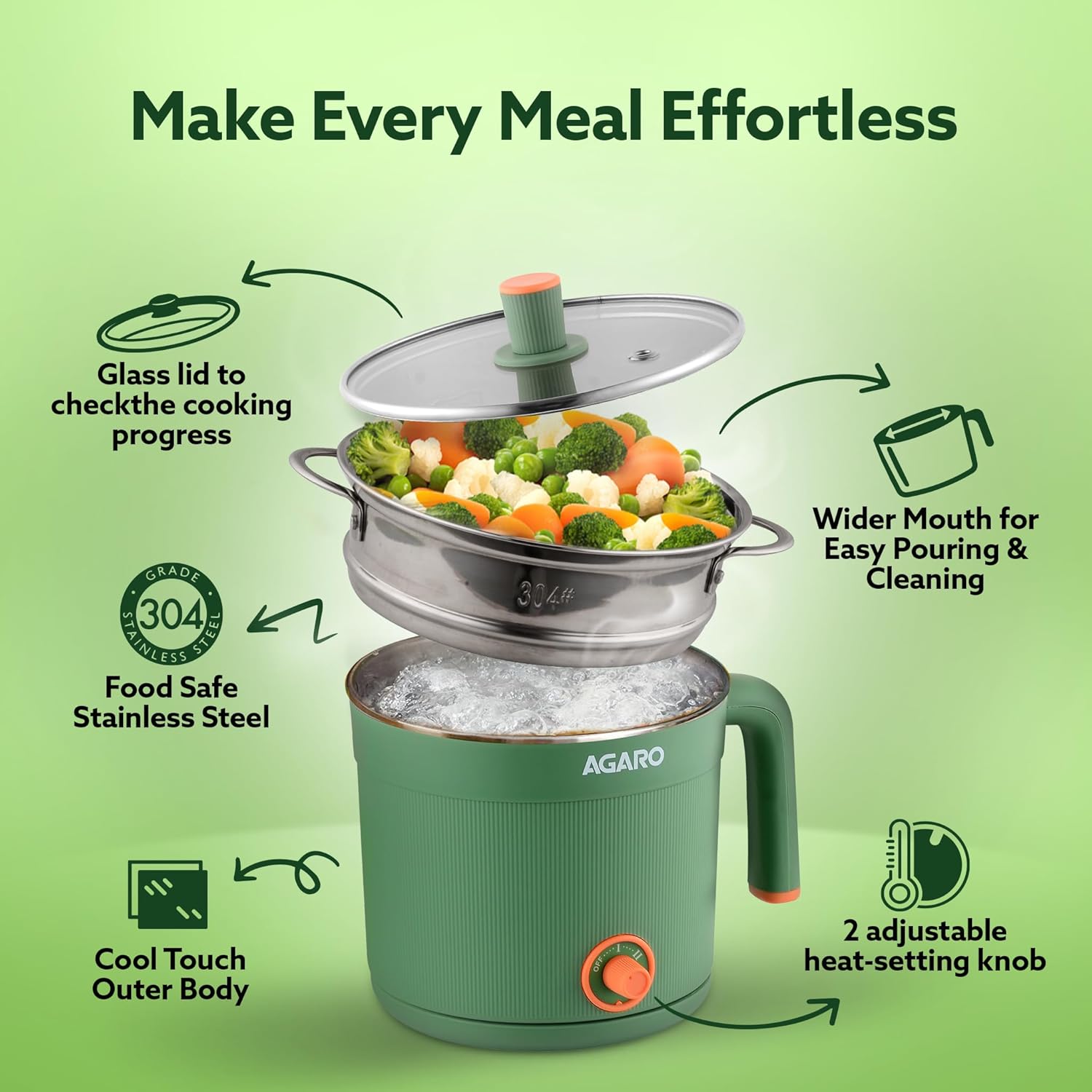 AGARO Regency Multi Cook Kettle With Steamer, 1.2L Inner Pot, Double Layered Body, Variable Temperature Settings, Wide Mouth, Boiling, Steaming, Tea, Coffee, Egg, Vegetable Boiling, 600W, Sea Green 4 AGARO Regency Multi Cook Kettle With Steamer, 1.2L Inner Pot, Double Layered Body, Variable Temperature Settings, Wide Mouth, Boiling, Steaming, Tea, Coffee, Egg, Vegetable Boiling, 600W, Sea Green - الصورة 4
