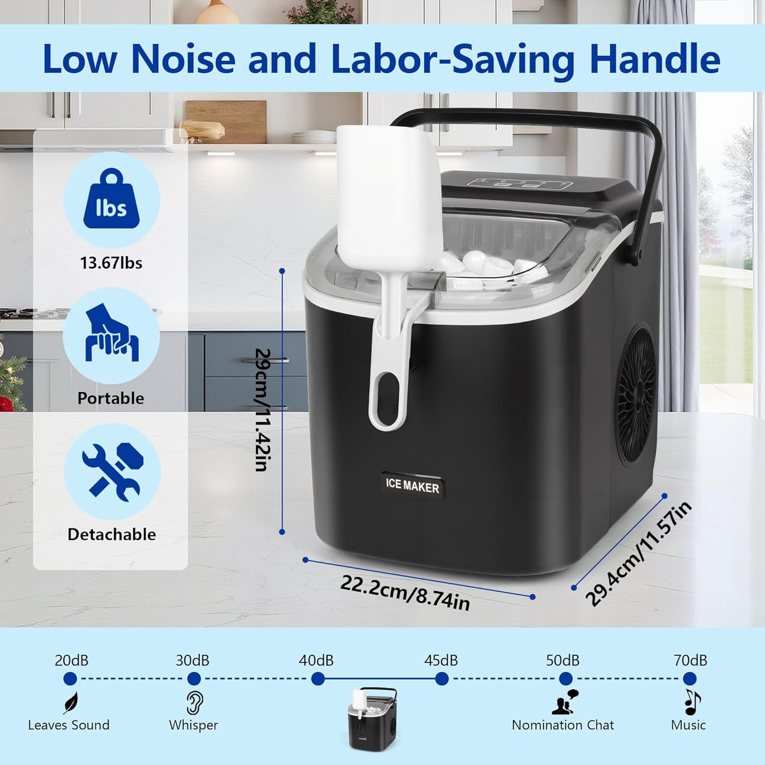 Ice Maker Countertop, Portable Self-Cleaning Ice Maker Machine with Handle, Scoop and Basket, 9 Bullet Ice Cubes in 6 Mins, 12KG/24H, 2 Sizes of Ice, Ideal for Home, Kitchen, Office, Party (Black) 7 Ice Maker Countertop, Portable Self-Cleaning Ice Maker Machine with Handle, Scoop and Basket, 9 Bullet Ice Cubes in 6 Mins, 12KG/24H, 2 Sizes of Ice, Ideal for Home, Kitchen, Office, Party (Black) - الصورة 7