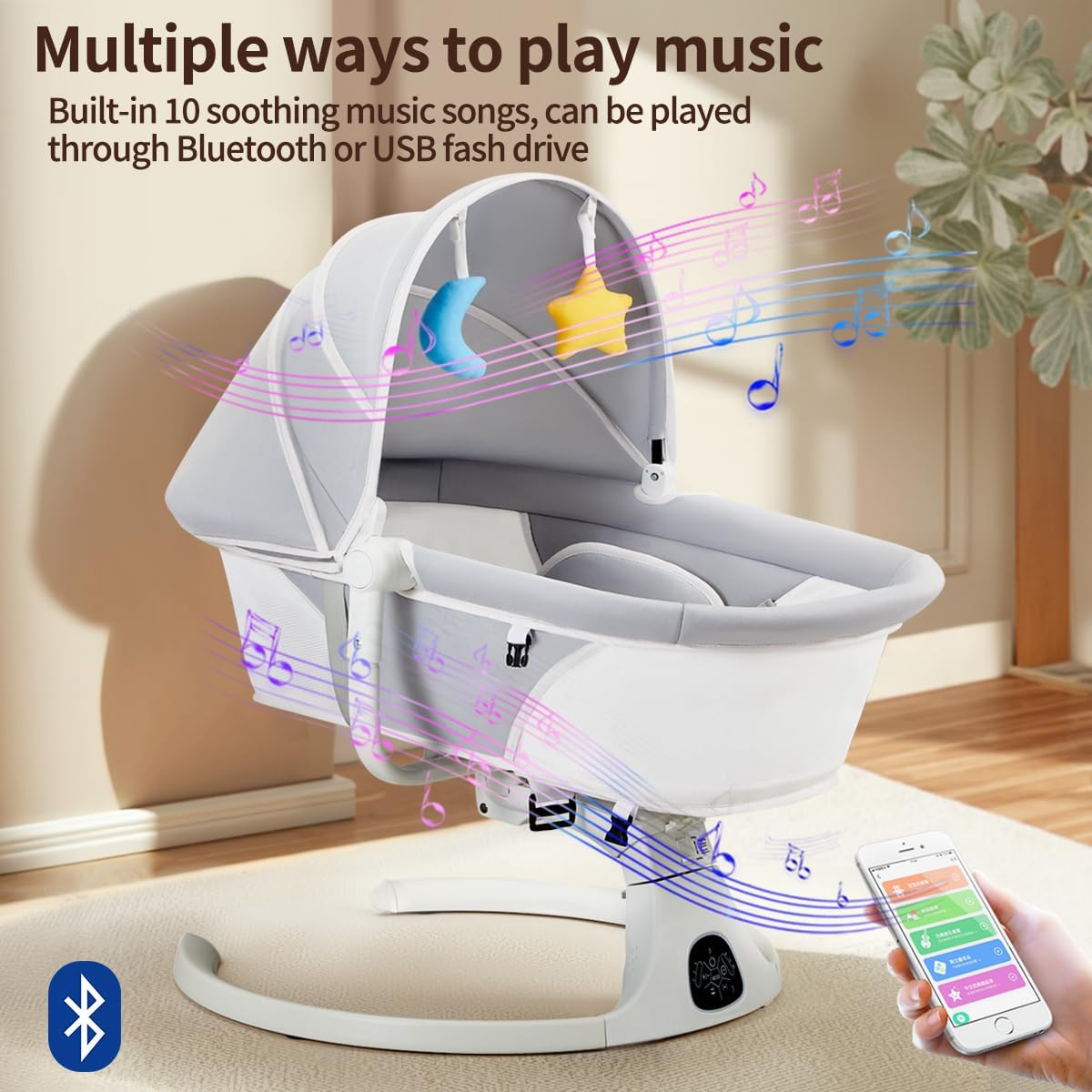 3-in-1 Baby Swing, Electric Rocker and Bouncer Chair, 5 Swing Speed, 10 Lullabies, Remote Control, Timing and Bluetooth Function, With Mosquito Net, 5-Point Harness,Gray with White 4 3-in-1 Baby Swing, Electric Rocker and Bouncer Chair, 5 Swing Speed, 10 Lullabies, Remote Control, Timing and Bluetooth Function, With Mosquito Net, 5-Point Harness,Gray with White - الصورة 4