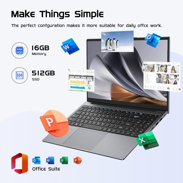 ⁦15.6" Windows 11 Pro Laptop Computer,Intel Core m3 8100Y(up to 3.40 GHz) 16GB RAM 512GB SSD,MS Office 2024 Ultra-Thin and Lightweight Notebook PC with FHD 1920x1080 Display, Dual Band WiFi 5, BT5.0⁩ - الصورة ⁦4⁩