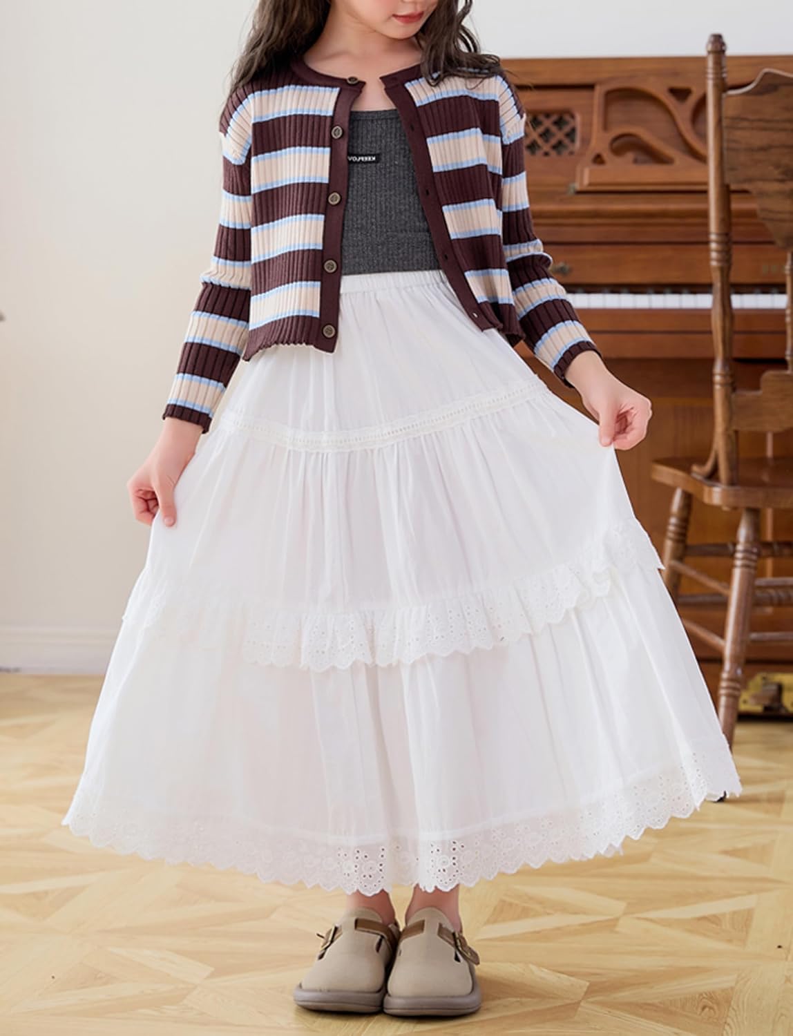 SEAUR Girls Maxi Skirt with Ruffle Tier Casual Kids Skirt with Pocket A-Line Elastic Waist Cotton Blend School Daily Casual Party Summer Wear 3-12 Years 3 SEAUR Girls Maxi Skirt with Ruffle Tier Casual Kids Skirt with Pocket A-Line Elastic Waist Cotton Blend School Daily Casual Party Summer Wear 3-12 Years - الصورة 3