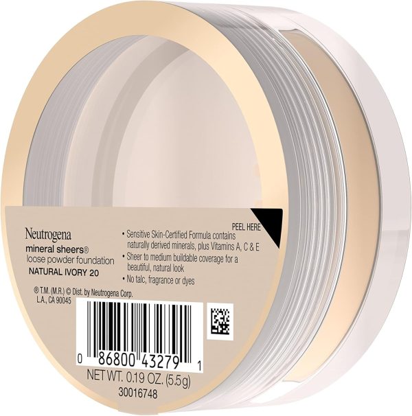 ⁦Neutrogena Mineral Sheers Lightweight Loose Powder Makeup Foundation with Vitamins A, C, & E, Sheer to Medium Buildable Coverage, Skin Tone Enhancer, Face Redness Reducer, Natural Ivory 20,.19 oz⁩ - الصورة ⁦16⁩