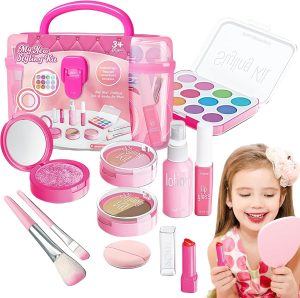 مجموعة مكياج للأطفال، مجموعة مستحضرات تجميل آمنة وقابلة للغسل للبنات الصغيرات، ألعاب مكياج للعب التظاهري، مجموعة مكياج للبنات بعمر 4-10 سنوات من بوم (ليست مكياج حقيقي)