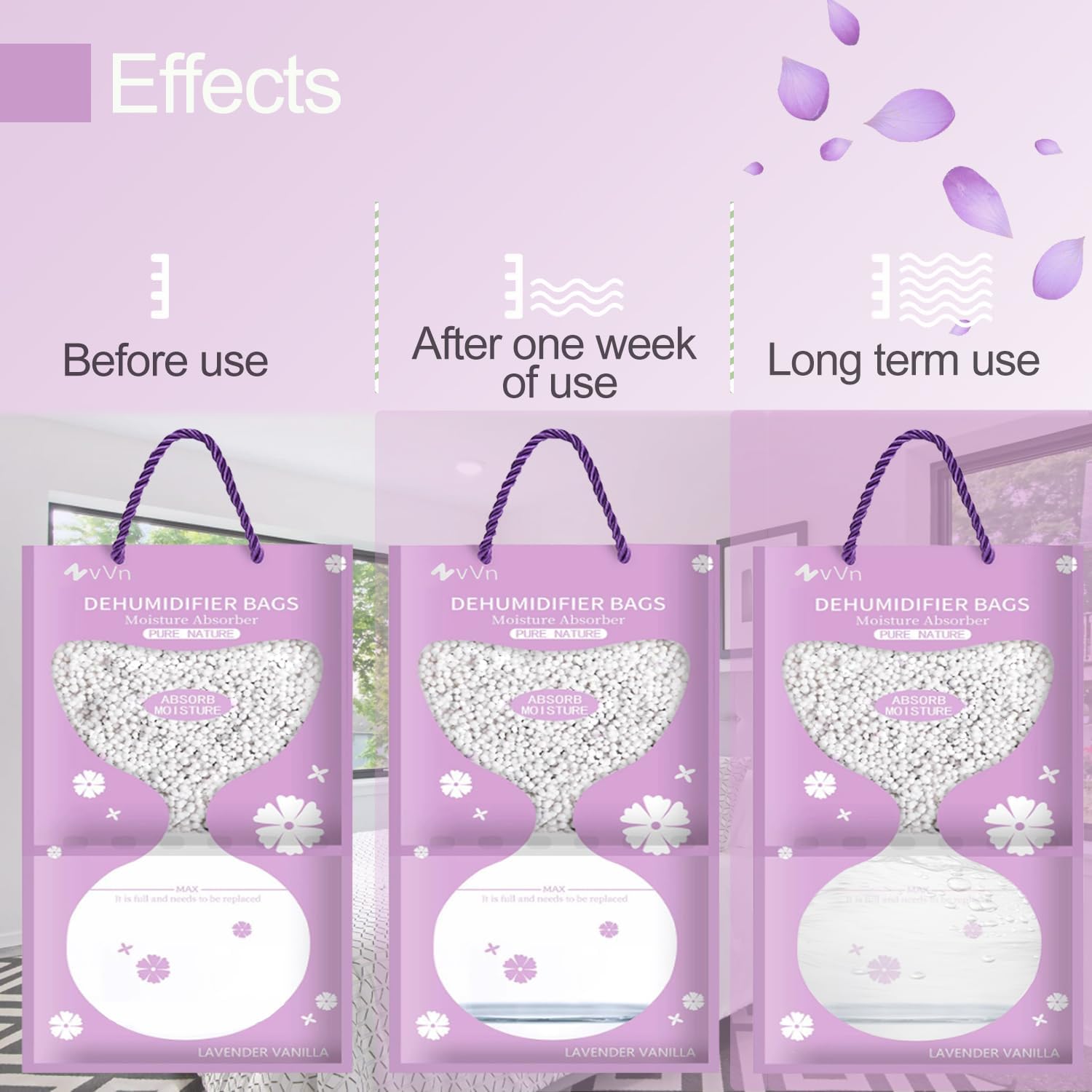 Hanging Dehumidifier, Humidity Pack 4 Packs 95 g x 500 ml, Dehumidifier Cabinet with Moisture Catcher Crystals, for Cabinets, Home, Kitchen, Garage, Moisture, Anti-Mould, Deodorising (Purple) 6 Hanging Dehumidifier, Humidity Pack 4 Packs 95 g x 500 ml, Dehumidifier Cabinet with Moisture Catcher Crystals, for Cabinets, Home, Kitchen, Garage, Moisture, Anti-Mould, Deodorising (Purple) - الصورة 6