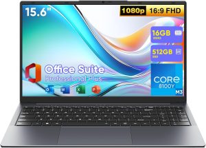 15.6" Windows 11 Pro Laptop Computer,Intel Core m3 8100Y(up to 3.40 GHz) 16GB RAM 512GB SSD,MS Office 2024 Ultra-Thin and Lightweight Notebook PC with FHD 1920x1080 Display, Dual Band WiFi 5, BT5.0