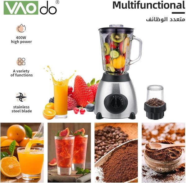 ⁦VAODO 2 In 1 Countertop Blender, 850W Electric Blender with Grinder, BPA-Free Glass Chopper, for Smoothies, Ice Crush, Frozen Drinks, Coffee Powder, 1.5L⁩ - الصورة ⁦2⁩