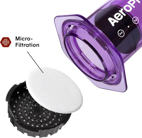⁦AeroPress Clear Coffee Press – 3 In 1 Brew Method Combines French Press, Pourover, Espresso, Full Bodied Coffee Without Grit or Bitterness, Small Portable Coffee Maker for Camping & Travel, Purple⁩ - الصورة ⁦3⁩