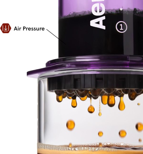 ⁦AeroPress Clear Coffee Press – 3 In 1 Brew Method Combines French Press, Pourover, Espresso, Full Bodied Coffee Without Grit or Bitterness, Small Portable Coffee Maker for Camping & Travel, Purple⁩ - الصورة ⁦4⁩