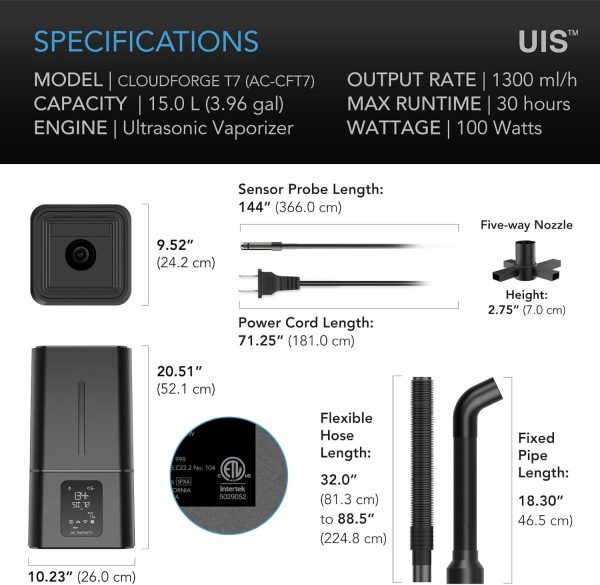 ⁦AC Infinity CLOUDFORGE T7, Plant Humidifier 15L with Onboard Smart Controller, Humidity Balance Programming, Commercial Grade Indoor Room Humidifier for Plants in Grow Tents, Grow Rooms, Greenhouses⁩ - الصورة ⁦6⁩