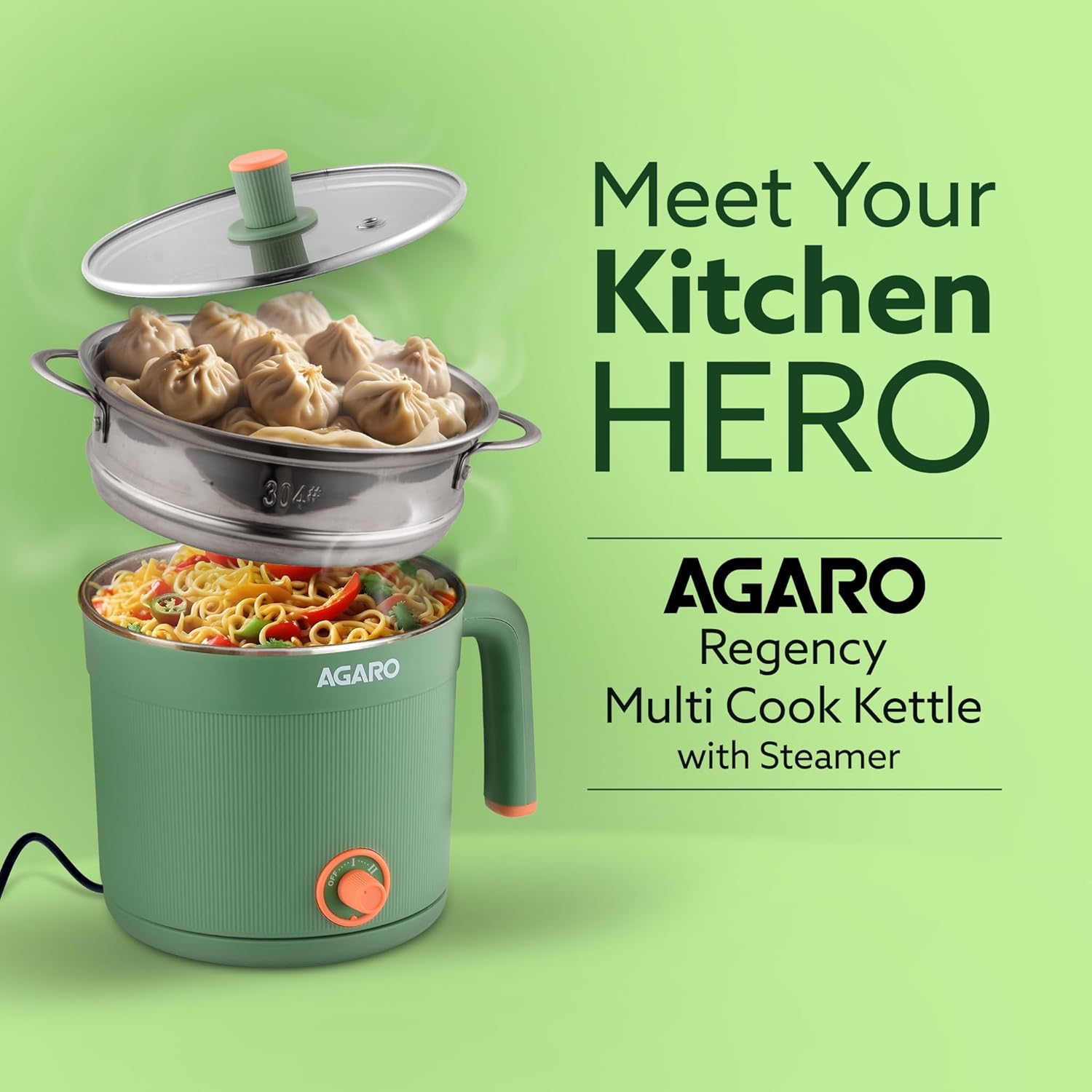 AGARO Regency Multi Cook Kettle With Steamer, 1.2L Inner Pot, Double Layered Body, Variable Temperature Settings, Wide Mouth, Boiling, Steaming, Tea, Coffee, Egg, Vegetable Boiling, 600W, Sea Green 6 AGARO Regency Multi Cook Kettle With Steamer, 1.2L Inner Pot, Double Layered Body, Variable Temperature Settings, Wide Mouth, Boiling, Steaming, Tea, Coffee, Egg, Vegetable Boiling, 600W, Sea Green - الصورة 6