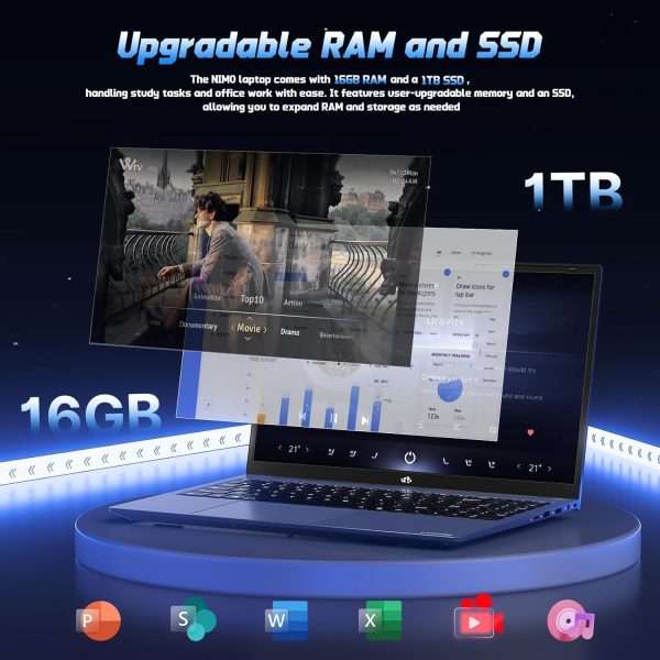 ⁦NIMO 15.6 FHD Laptop, Intel 6-Cores i3-1215U, 65W Type-C, Fingerprint, Backlit Keyboard, IPS Business Laptop, Wi-Fi 6, Numpad, Win 11⁩ - الصورة ⁦2⁩