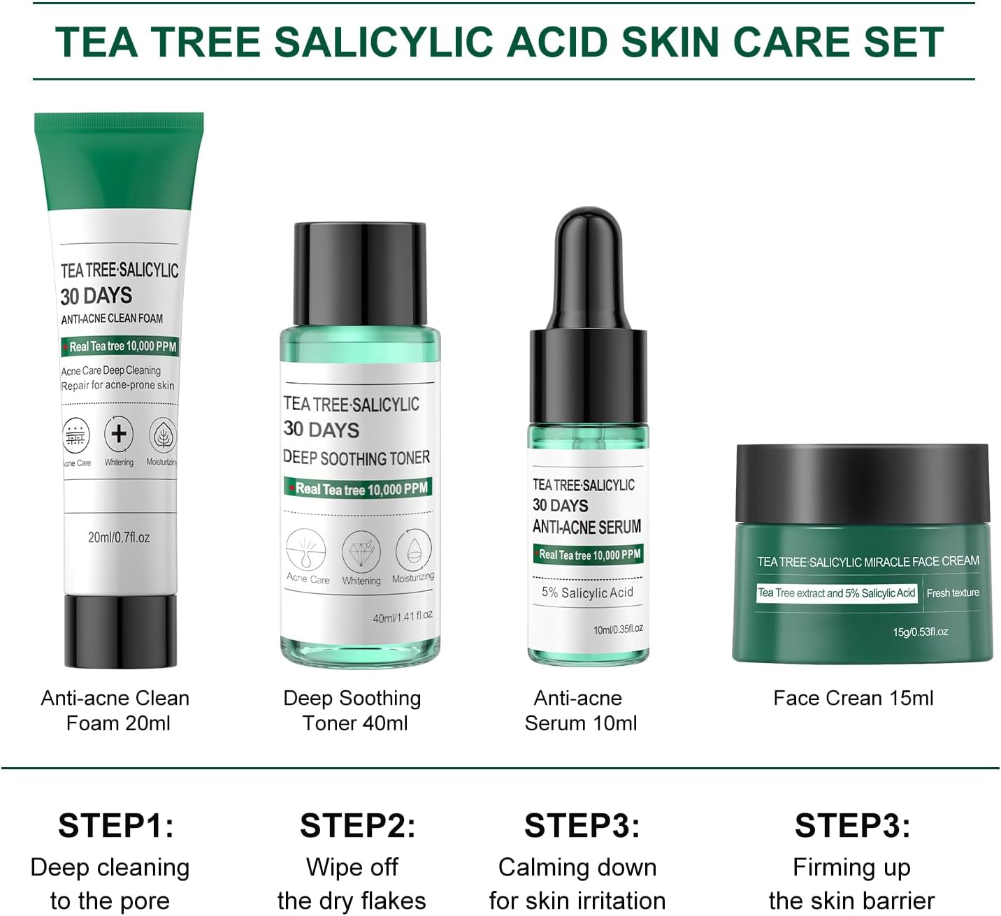 Tea Tree Salicylic Acid Facial Skin Care Set, Acne Treatment Skincare Set ,Skincare Mini Kit, Facial Kit Gifts for Women,Cleanser, Toner, Serum, Cream,Oil Control Facial Kit, Travel Size Set 2 Tea Tree Salicylic Acid Facial Skin Care Set, Acne Treatment Skincare Set ,Skincare Mini Kit, Facial Kit Gifts for Women,Cleanser, Toner, Serum, Cream,Oil Control Facial Kit, Travel Size Set - الصورة 2