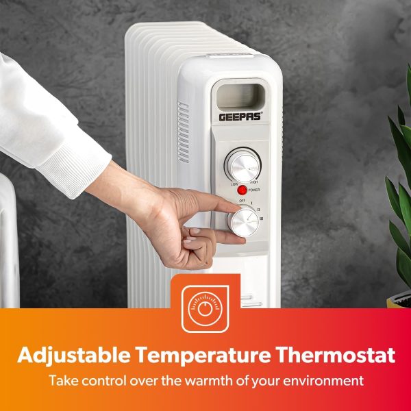 ⁦Geepas Oil Filled Radiator Heater, 2500W – Energy Efficient Electric Heater – 3 Power Settings, Adjustable Temperature & Low Running Cost – Ideal for Home Office – 2 Year Warranty, 11 Fins, White⁩ - الصورة ⁦6⁩