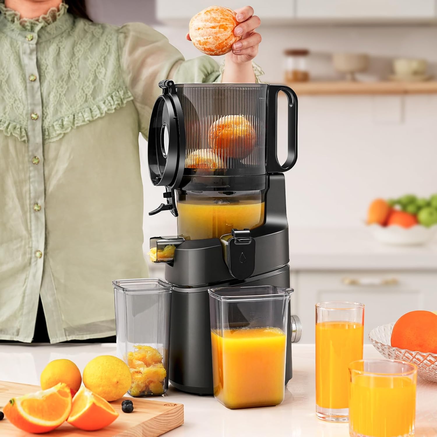 AMZCHEF 135mm Opening 1.8L Capacity Whole Fruit and Vegetable Juice Extractor, 250W Slow Juice Extractor with Triple Filter - Black 6 AMZCHEF 135mm Opening 1.8L Capacity Whole Fruit and Vegetable Juice Extractor, 250W Slow Juice Extractor with Triple Filter - Black - الصورة 6