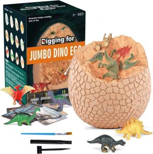 Jumbo Dino Egg Dig Kit, featuring Dinosaur Surprise Eggs with 12 Unique Large Dinosaur Toys.This set includes a Free Safe Digging Tool,designed as an Educational STEM Activity for both Boys and Girls.