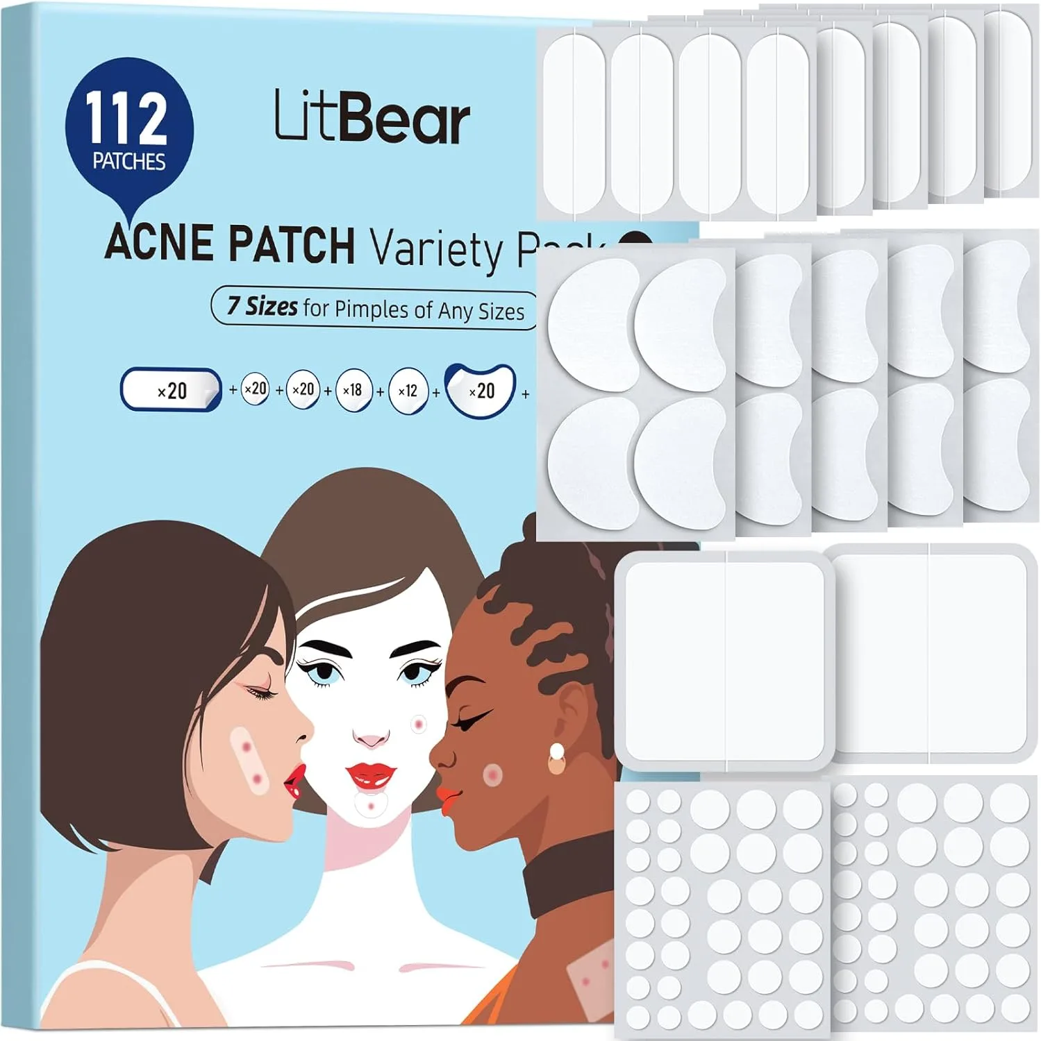 LitBear Large Pimple Patches (7 Sizes 112 Counts), Big Acne Patches, XL Hydrocolloid Bandages for Full Face, Forehead, Chin, Nose, Body, Back, Neck & Chest, Oval, Moon, Square hydrocolloid Patch 9 LitBear Large Pimple Patches (7 Sizes 112 Counts), Big Acne Patches, XL Hydrocolloid Bandages for Full Face, Forehead, Chin, Nose, Body, Back, Neck & Chest, Oval, Moon, Square hydrocolloid Patch