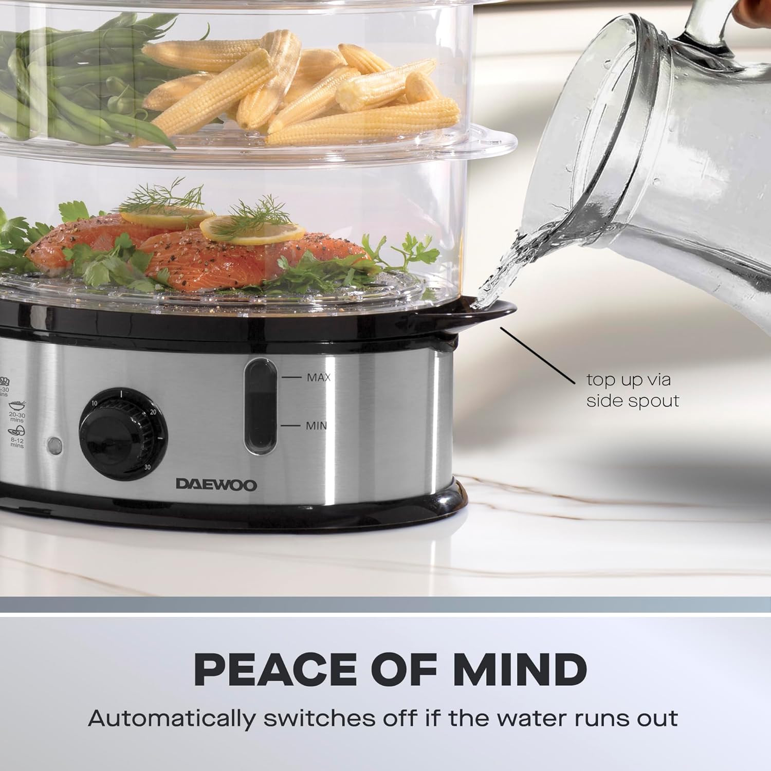 Daewoo SDA1338 3 Tier Family Size Food Steamer, Use for Variety of Foods, BPA Free Dishwasher Safe, Including Rice Bowl, Water Level Indicator, 60 Minute Timer, Energy Saving1200W, Stainless Steel, 9L 5 Daewoo SDA1338 3 Tier Family Size Food Steamer, Use for Variety of Foods, BPA Free Dishwasher Safe, Including Rice Bowl, Water Level Indicator, 60 Minute Timer, Energy Saving1200W, Stainless Steel, 9L - الصورة 5