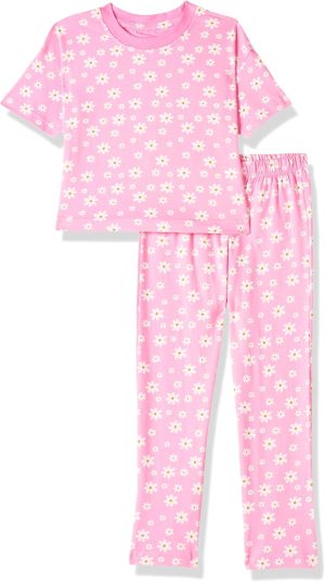 T2F Girls Cotton Printed Oversized Fit Crop Top and Pant Pajama Set