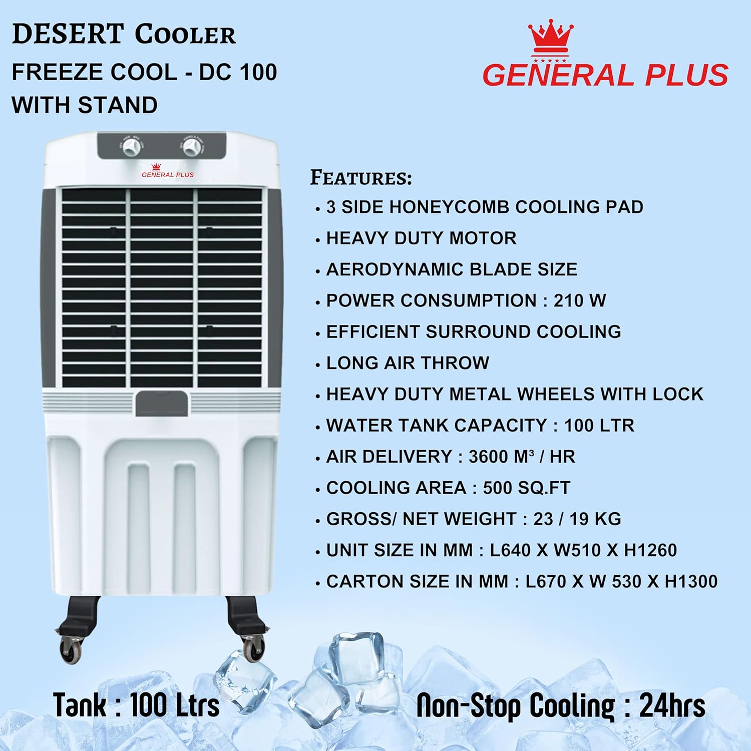 General Plus Desert Cooler, 100L Tank, Heavy Duty Motor, 500 sq.ft Coverage, With Stand 2 General Plus Desert Cooler, 100L Tank, Heavy Duty Motor, 500 sq.ft Coverage, With Stand - الصورة 2