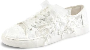 JIAJIA 8836 Wedding Shoes Bridal Sneakers Flats Bride Tennis Shoes Flowers Lace Sneakers, Ivory