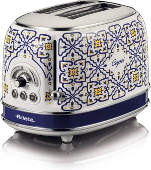 Ariete Toaster 155 Capri, Mediterranean Style, 2 Wide Slots, 6 Burning Levels with Automatic Ejection, Crumb Tray, Grilling, Heating and Defrosting, 810W