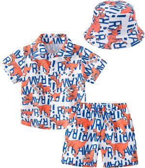 SEAUR Tropical Print Shirts for Boys and Shorts Outfits with Sun Hat Kids Hawaiian Printed Casual 3 Piece Clothes 3-12Y