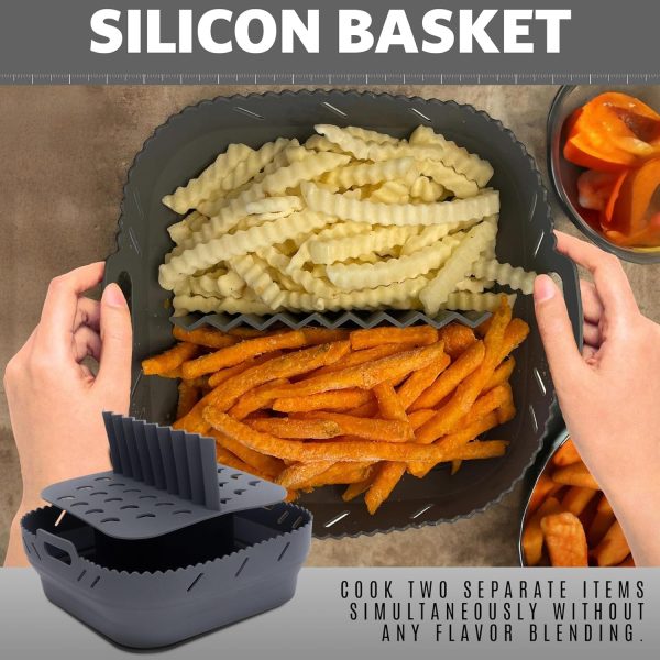 ⁦Excefore Air Fryer Silicone Liners, 8.5'' Square Air Fryer Silicone Basket, Heat Resistant Easy Cleaning Air Fryers Oven Accessories, Reusable Air Fryer Silicone Bowl with Divider, Gray⁩ - الصورة ⁦7⁩