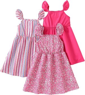 VeryNew 3-Pack Girls Sleeveless Dresses Color stripes Purple Solid Color Print Vest Dresses for 4-8 Years