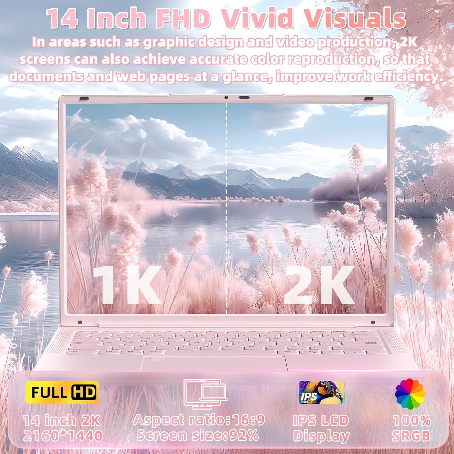 Nmybwo 14''Pink Laptop 16GB DDR4 RAM 1TB SSD,2K UHD (2160 * 1440) IPS Display Laptop, Celeron N150 CPU (Up to 3.6 Ghz) Win 11 Portable PC/WiFi 5,Type-C,3MP Camera,6000Mah,BT5.0,Fingerprint (16G+1TB) 3 Nmybwo 14''Pink Laptop 16GB DDR4 RAM 1TB SSD,2K UHD (2160 * 1440) IPS Display Laptop, Celeron N150 CPU (Up to 3.6 Ghz) Win 11 Portable PC/WiFi 5,Type-C,3MP Camera,6000Mah,BT5.0,Fingerprint (16G+1TB) - الصورة 3