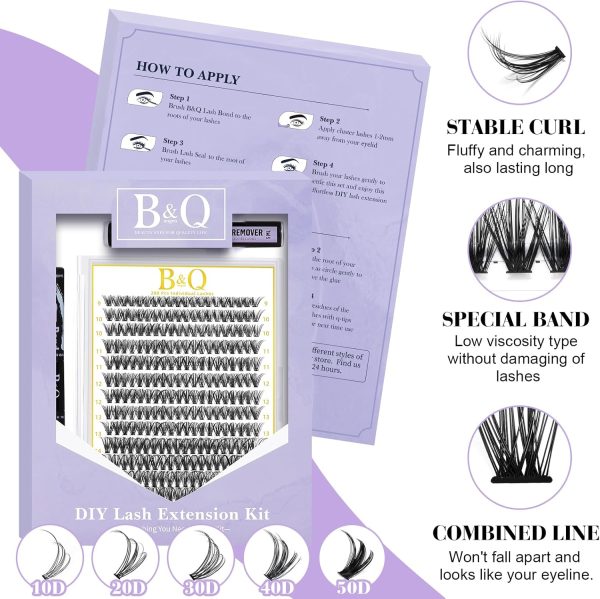 ⁦B&Q Individual Cluster Lashes Kit 280PCS D Curl 40D 9-16mm Mixed Length DIY Eyelash Extensions with Bond & Seal Lash Glue Remover Applicators​⁩ - الصورة ⁦3⁩
