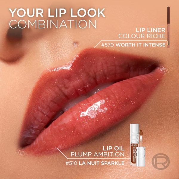 ⁦L'Oreal Paris Plump Ambition Hyaluron Lip Oil, 24 HR Lip Gloss with Hyaluronic Acid, Volumizing Formula with Glass-Like Shine, Worth It 601, 0.16 Fl Oz⁩ - الصورة ⁦10⁩