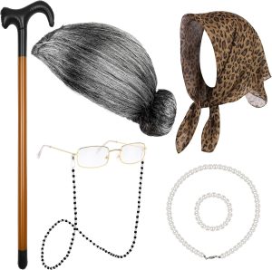 KASTWAVE 100 Days of School Old Lady Cosplay Set, Kids 100 Days of School Grandma Wigs, With Wig, Glasses, Faux Pearl Necklace, Bracelet, Inflatable Canes, Kerchief (7 Pieces)