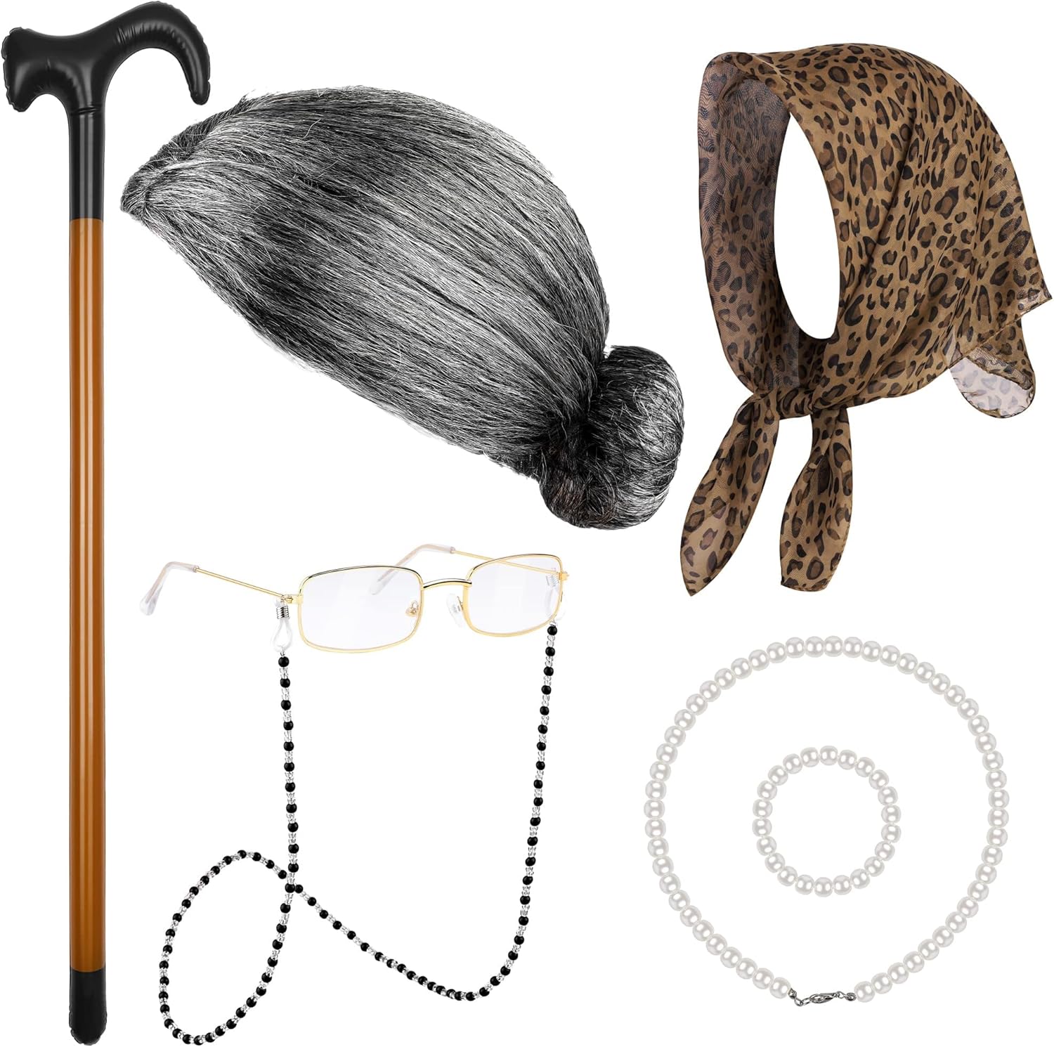KASTWAVE 100 Days of School Old Lady Cosplay Set, Kids 100 Days of School Grandma Wigs, With Wig, Glasses, Faux Pearl Necklace, Bracelet, Inflatable Canes, Kerchief (7 Pieces) 1 KASTWAVE 100 Days of School Old Lady Cosplay Set, Kids 100 Days of School Grandma Wigs, With Wig, Glasses, Faux Pearl Necklace, Bracelet, Inflatable Canes, Kerchief (7 Pieces)