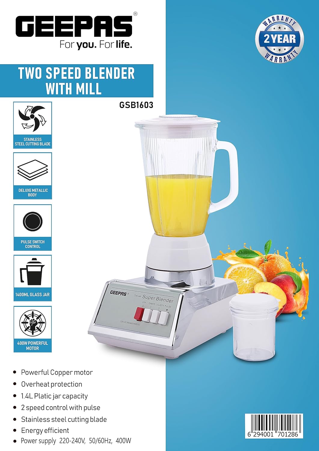 Geepas 450W Stainless Steel Blender - 2 Speed Control, Overheat Protection, Plastic jar, Sharp Blades & Mill Chopping Blender, Anti-Slip Feet Design White/Silver, 1.4L GSB1603 5 Geepas 450W Stainless Steel Blender - 2 Speed Control, Overheat Protection, Plastic jar, Sharp Blades & Mill Chopping Blender, Anti-Slip Feet Design White/Silver, 1.4L GSB1603 - الصورة 5