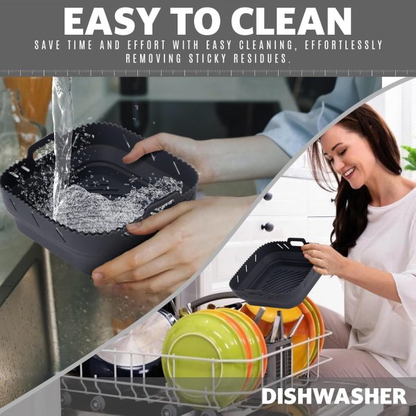 ⁦Excefore Air Fryer Silicone Liners, 8.5'' Square Air Fryer Silicone Basket, Heat Resistant Easy Cleaning Air Fryers Oven Accessories, Reusable Air Fryer Silicone Bowl with Divider, Gray⁩ - الصورة ⁦3⁩