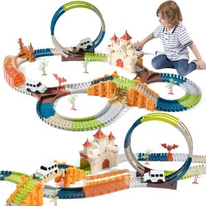 TUMAMA Children's Race Track Toy, Gift for Children 3 4 5 6 7 Years Old Racing Toy, Race Track Toy Vehicles with Magic House, Tunnel, 2 Luminous Electric Cars
