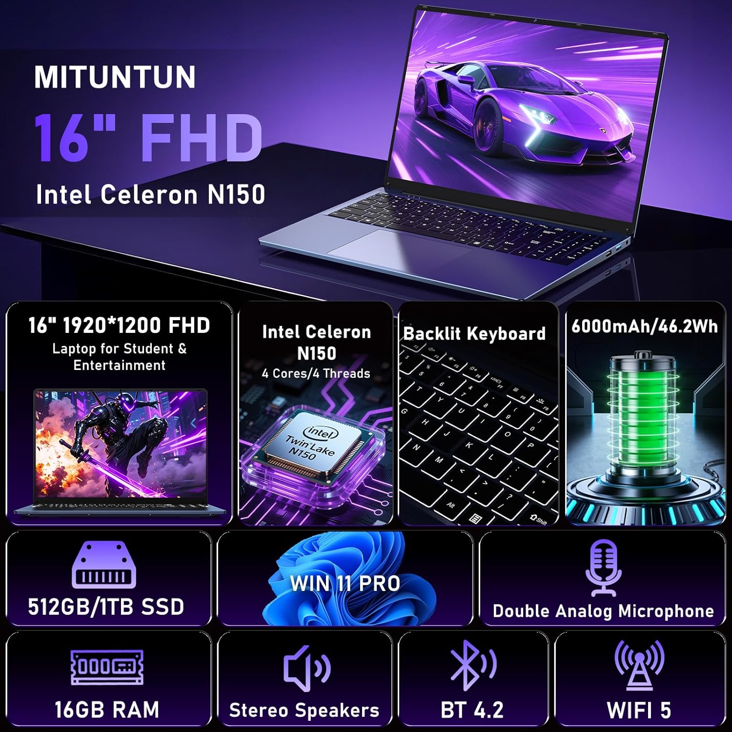 MITUNTUN Gaming Laptop Computer, 16 Inch Lap Top 2025 Win 11 Pro 16GB RAM 1TB SSD, N150 (Up to 3.6GHz), Backlit Keyboard, FHD 1920 * 1200 Screen, 6000mAh, WiFi 5 BT 4.2, UHD Graphics (1GHz), Blue 9 MITUNTUN Gaming Laptop Computer, 16 Inch Lap Top 2025 Win 11 Pro 16GB RAM 1TB SSD, N150 (Up to 3.6GHz), Backlit Keyboard, FHD 1920 * 1200 Screen, 6000mAh, WiFi 5 BT 4.2, UHD Graphics (1GHz), Blue - الصورة 9