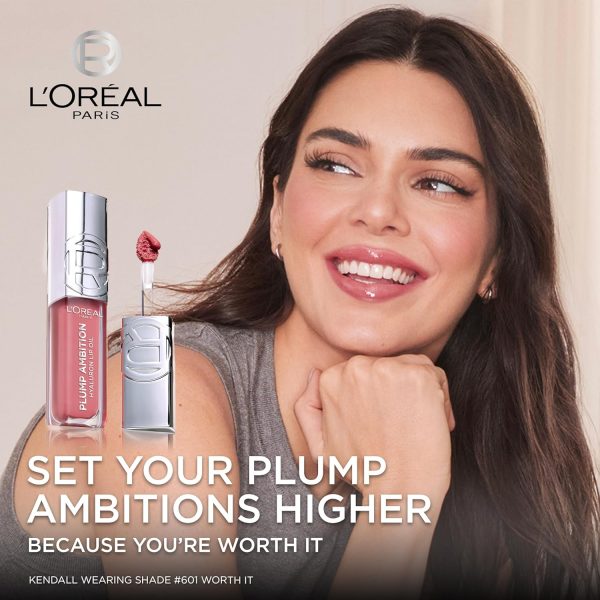 ⁦L'Oreal Paris Plump Ambition Hyaluron Lip Oil, 24 HR Lip Gloss with Hyaluronic Acid, Volumizing Formula with Glass-Like Shine, Worth It 601, 0.16 Fl Oz⁩ - الصورة ⁦4⁩