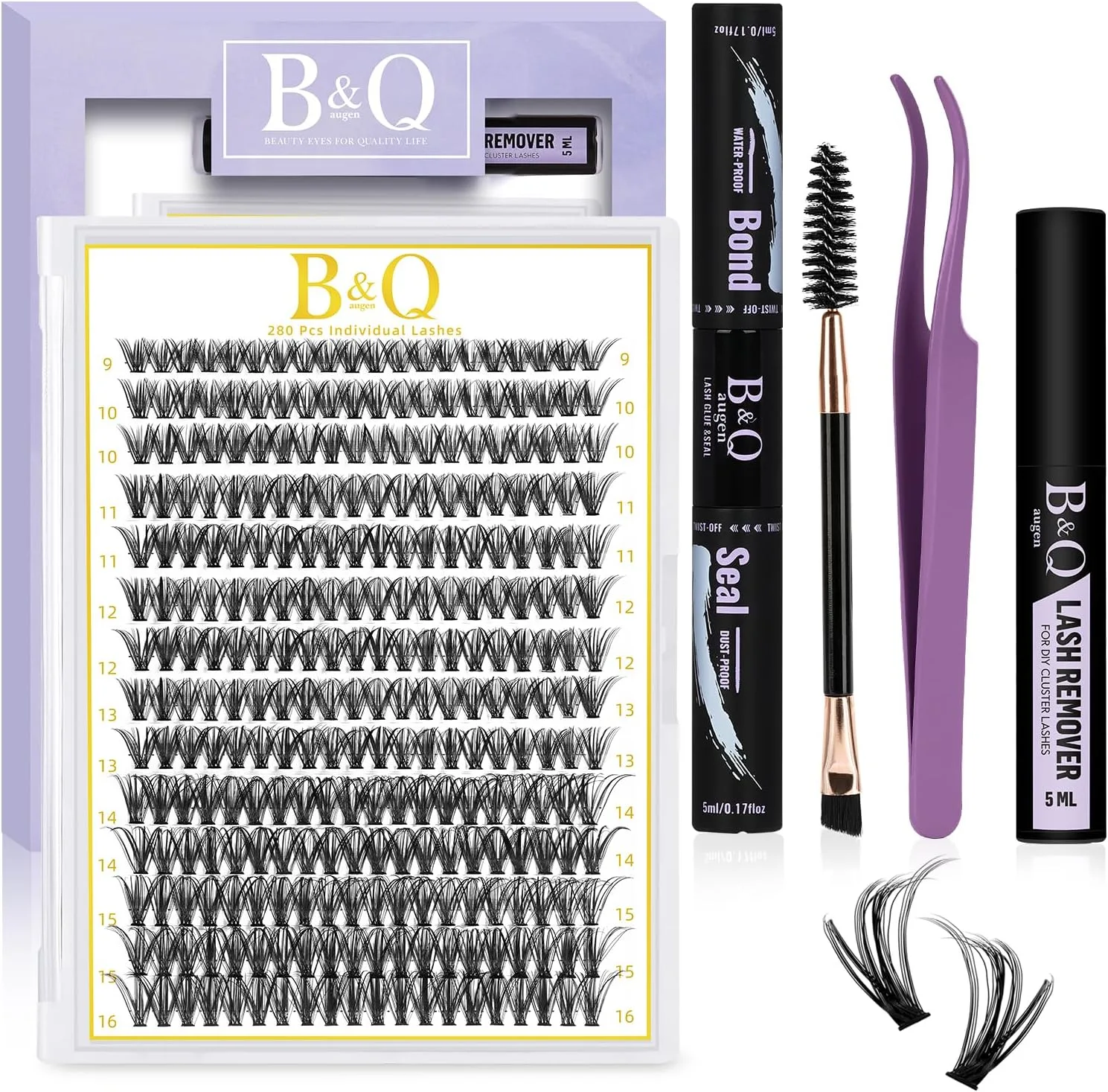B&Q Individual Cluster Lashes Kit 280PCS D Curl 40D 9-16mm Mixed Length DIY Eyelash Extensions with Bond & Seal Lash Glue Remover Applicators​