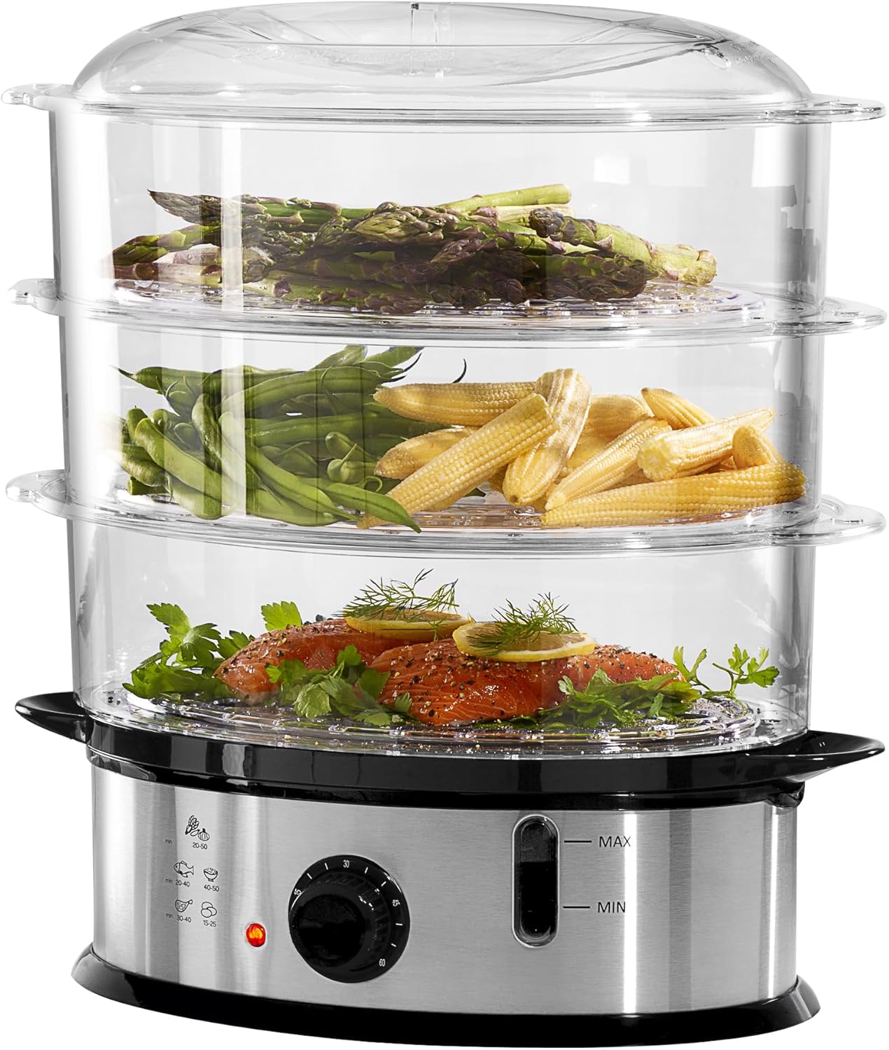 Daewoo SDA1338 3 Tier Family Size Food Steamer, Use for Variety of Foods, BPA Free Dishwasher Safe, Including Rice Bowl, Water Level Indicator, 60 Minute Timer, Energy Saving1200W, Stainless Steel, 9L 1 Daewoo SDA1338 3 Tier Family Size Food Steamer, Use for Variety of Foods, BPA Free Dishwasher Safe, Including Rice Bowl, Water Level Indicator, 60 Minute Timer, Energy Saving1200W, Stainless Steel, 9L