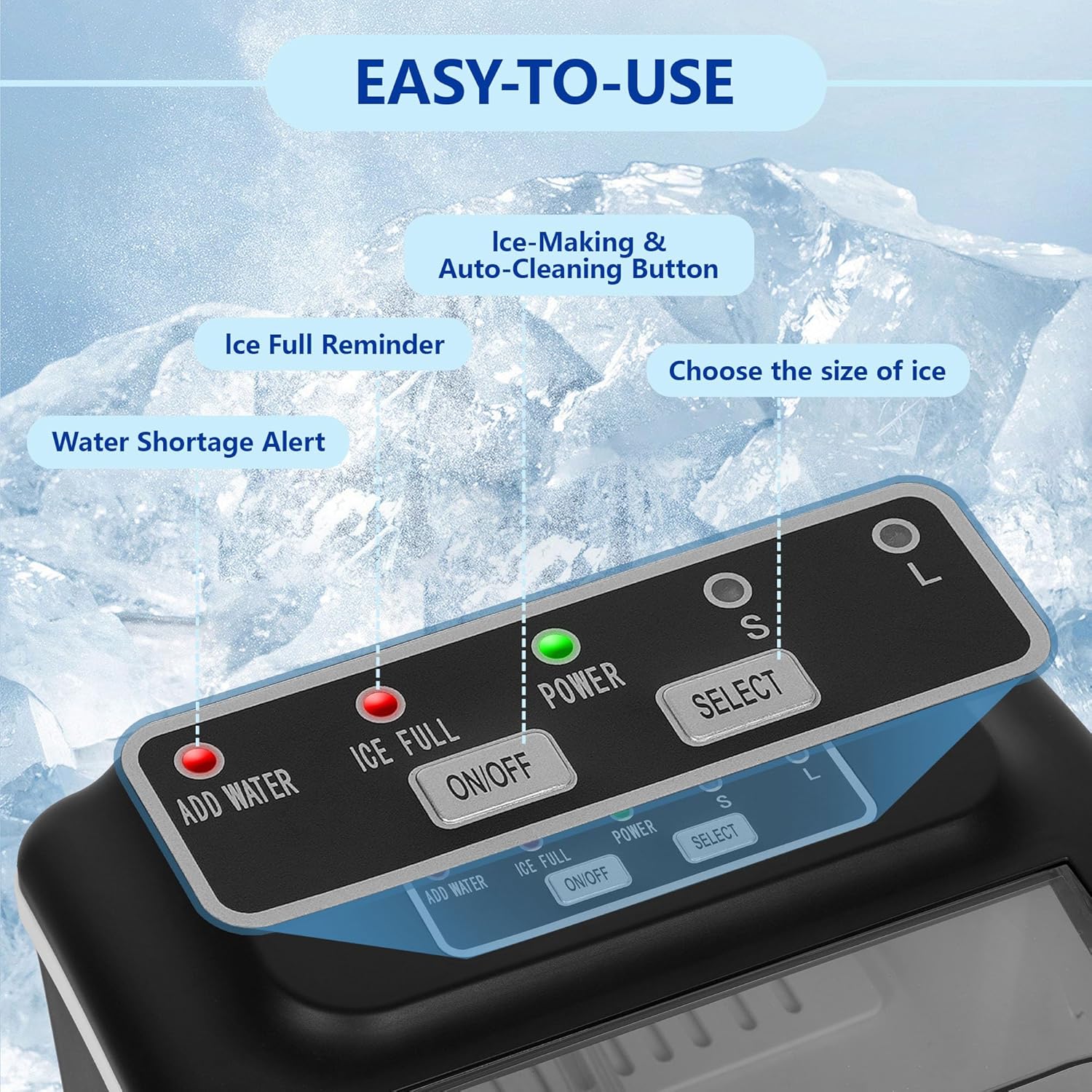 Ice Maker Countertop, Portable Self-Cleaning Ice Maker Machine with Handle, Scoop and Basket, 9 Bullet Ice Cubes in 6 Mins, 12KG/24H, 2 Sizes of Ice, Ideal for Home, Kitchen, Office, Party (Black) 5 Ice Maker Countertop, Portable Self-Cleaning Ice Maker Machine with Handle, Scoop and Basket, 9 Bullet Ice Cubes in 6 Mins, 12KG/24H, 2 Sizes of Ice, Ideal for Home, Kitchen, Office, Party (Black) - الصورة 5