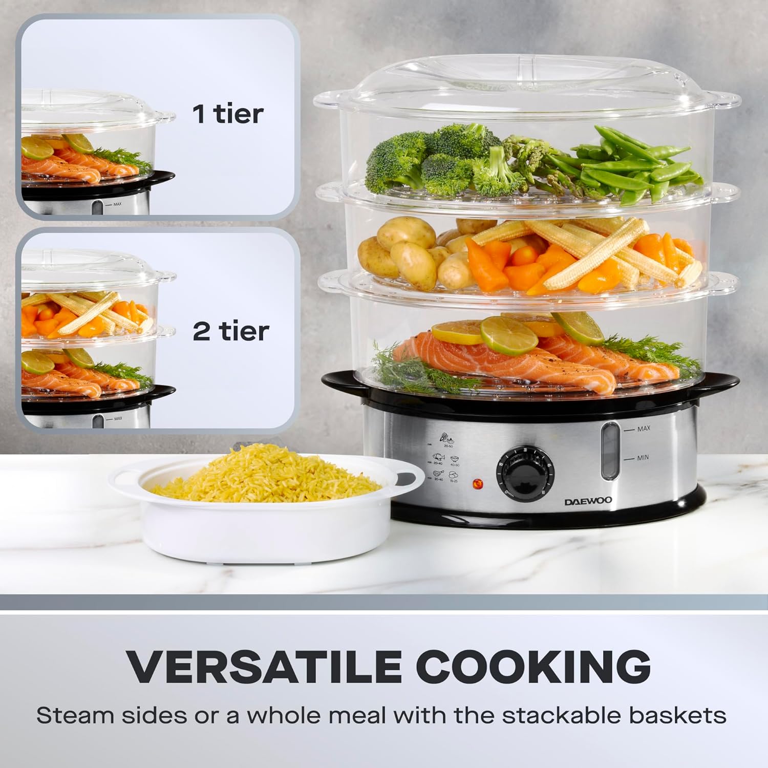 Daewoo SDA1338 3 Tier Family Size Food Steamer, Use for Variety of Foods, BPA Free Dishwasher Safe, Including Rice Bowl, Water Level Indicator, 60 Minute Timer, Energy Saving1200W, Stainless Steel, 9L 3 Daewoo SDA1338 3 Tier Family Size Food Steamer, Use for Variety of Foods, BPA Free Dishwasher Safe, Including Rice Bowl, Water Level Indicator, 60 Minute Timer, Energy Saving1200W, Stainless Steel, 9L - الصورة 3