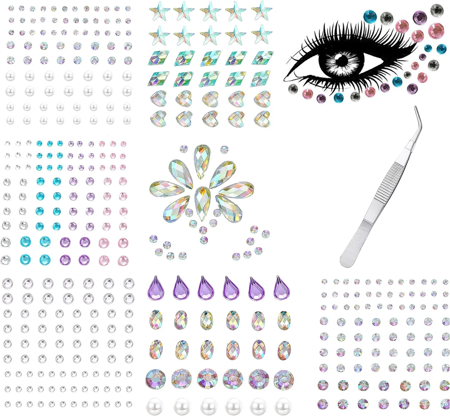 Excefore Eye Body Face Gems Jewels Rhinestone Stickers Self Adhesive Crystal Rainbow Makeup Diamonds Face Stick Gems for Women Festival Accessory and Nail Art Decorations (7 Sheets Elegant Style)