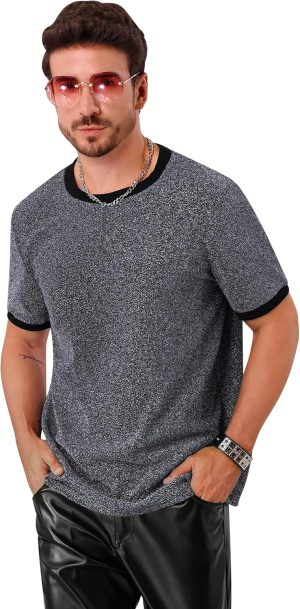 تي شيرت لامع للرجال باكمام قصيرة لامع للحفلات والنوادي الليلية