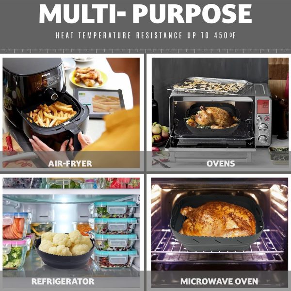 ⁦Excefore Air Fryer Silicone Liners, 8.5'' Square Air Fryer Silicone Basket, Heat Resistant Easy Cleaning Air Fryers Oven Accessories, Reusable Air Fryer Silicone Bowl with Divider, Gray⁩ - الصورة ⁦2⁩