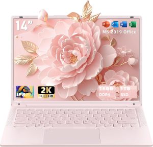 Nmybwo 14''Pink Laptop 16GB DDR4 RAM 1TB SSD,2K UHD (2160 * 1440) IPS Display Laptop, Celeron N150 CPU (Up to 3.6 Ghz) Win 11 Portable PC/WiFi 5,Type-C,3MP Camera,6000Mah,BT5.0,Fingerprint (16G+1TB)