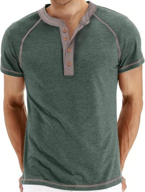 HENORD Men's Henleys T-Shirt Short Sleeve Lightweight Top Relaxed Breathable Casual Top Buttons Placket Round Neck Shirts Tee Basic Shirt