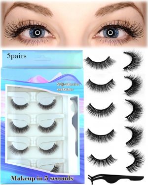 MAKINGTEC 5 Pairs Self Adhesive Eyelashes, Reusable Adhesive Eyelashes with Tweezers, No Glue Needed, Reusable Self Adhesive Eyelashes, False Eyelashes Natural Look